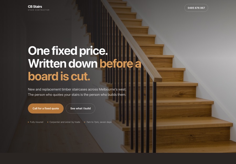 Homepage built for a staircase builder, dark hero with a timber staircase
